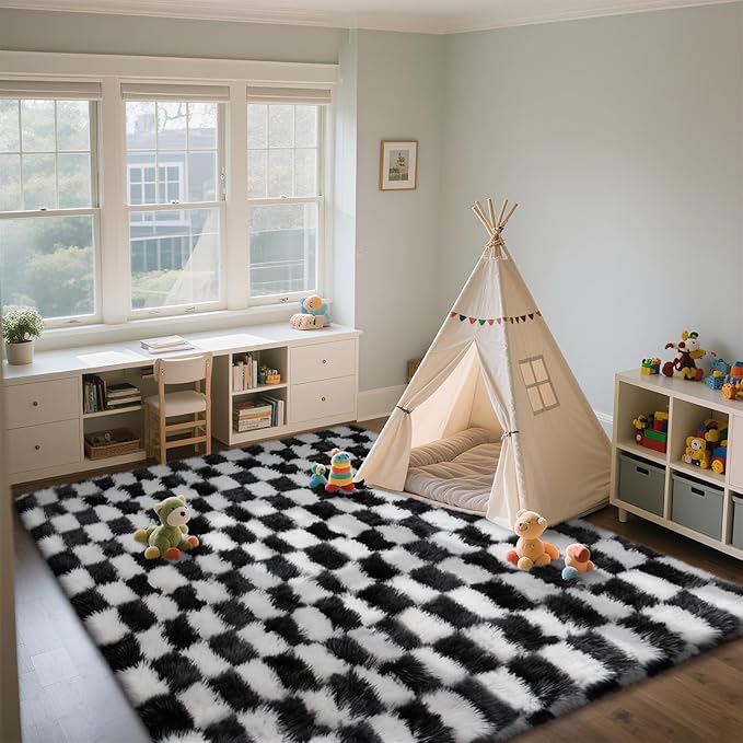 Area Rugs for Bedroom Living Room,5x8 Black and White Fluffy Soft Checkered Rug Fuzzy Shag Shaggy Carpet, Indoor Plush Floor Rugs for Kids Boys Girls Teen Dorm Nursery Home Decor