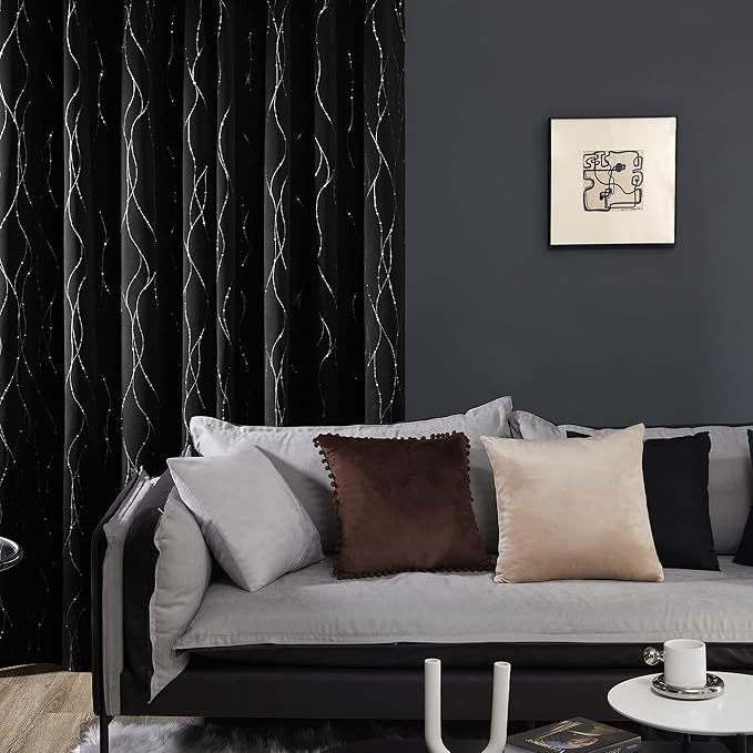 Deconovo Black Blackout Curtains, Thermal Insulated Noise‑Reduced Grommet Drapes, Wave Line Dot Foil Print, 52 x 95 Inch Long, 2 Panels, Machine‑Washable Window Curtains for Bedroom Living Room Office