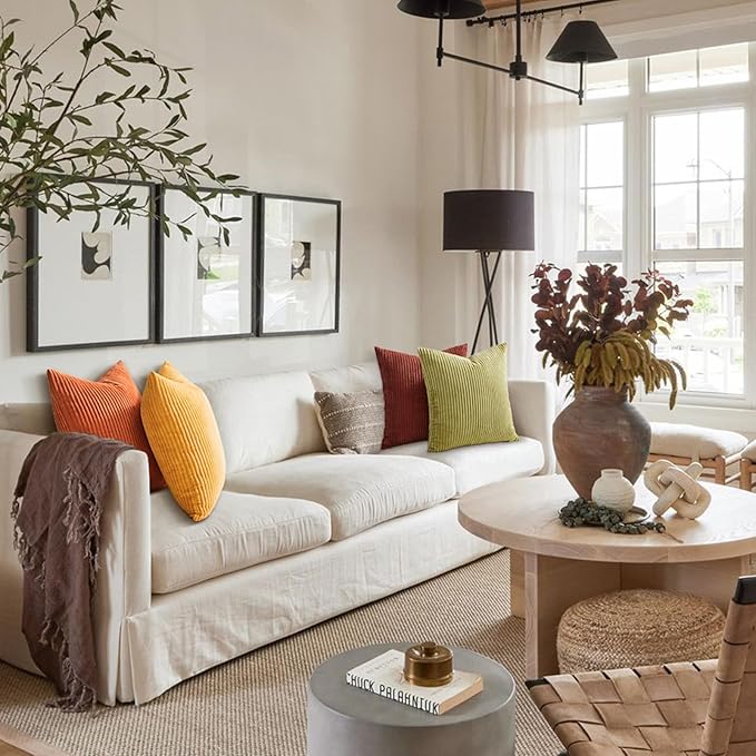 Topfinel Fall Burnt Orange Decorative Throw Pillows Covers 24x24 Inch Set of 4,Yellow Green Gradient Series Corduroy Striped Square Pillow Case,Western Modern Cushion Cover for Couch Sofa Bedroom