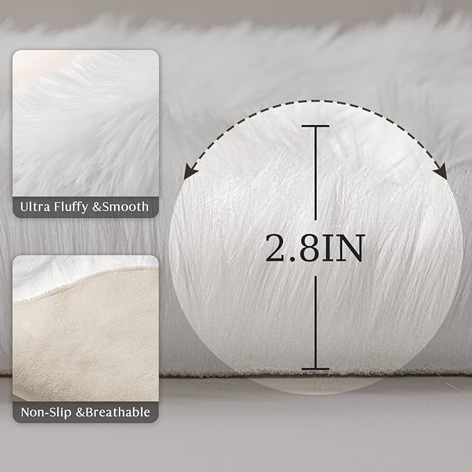 Ashler faux fur rug, Fluffy Shaggy Area Rug Ultra Soft 2.2 x 6 Feet Rectangle Fur Rug, White Fuzzy Rug Machine Washable Shag Rug, Nursery Decor Throw Rugs for Bedroom, kids room, Living Room
