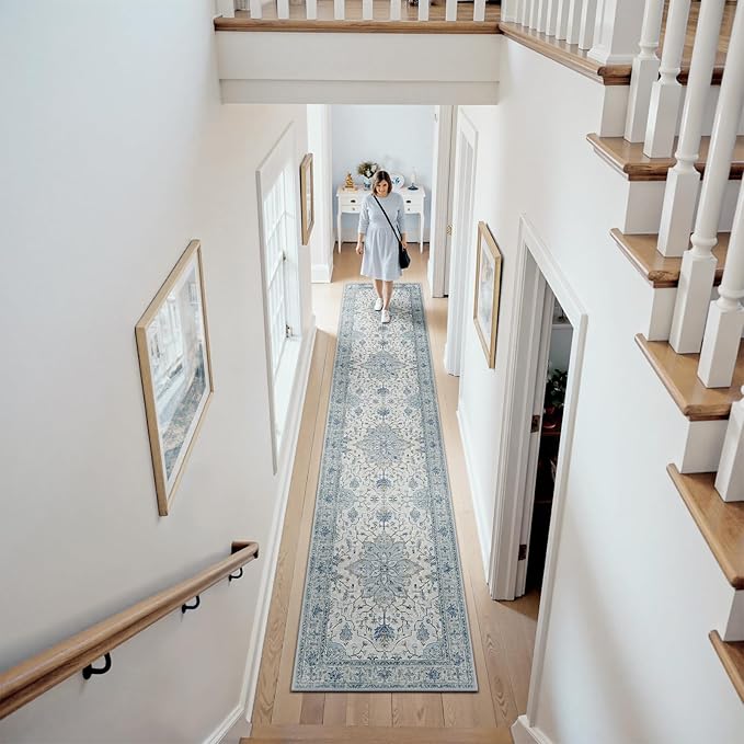Area Rugs 2'6''x14' Runner Rug Non Slip Washable for Kitchen Hallway Bedroom Beside Laundry Room Bathroom Rug, Floor Carpet, Light Blue Navy Beige Gray White
