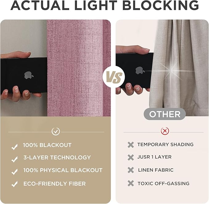 Joydeco Linen Blackout Curtains for Bedroom - 100% Light Blocking 1 Panels, Pink Drapes 100" W x 96" L, Thermal Insulated Room Darkening Curtains for Living Room, Rod Pocket & Back Tabs