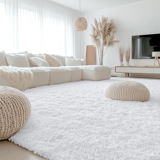 OLANLY 8x8 Machine Washable Large Area Rugs for Living Room, Bedroom, Soft Fluffy Shaggy Bedside Rug, Indoor Floor Carpet for Kids Girls and Boys, Dorms, Nursery, Home Decor Aesthetic, White