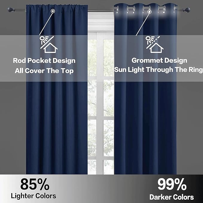 RYB HOME Blackout Curtains for Bedroom Living Room 63 inches Long, Thermal Insulated Privacy Rod Pocket Drapes for Nursery Office Home Theater, Width 42 by Length 63, Navy Blue, 2 Panels