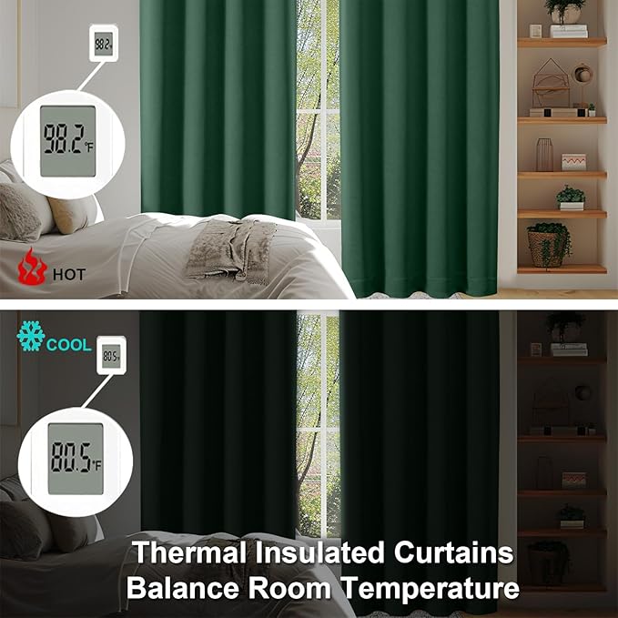 Simplebrand Ava Ever Green Blackout Curtains for Bedroom 63 Inch Length 2 Panels Set, Solid Thermal Insulated Privacy Living Room Window Treatment Curtains Blackout Drapes, W50 x L63 Inch