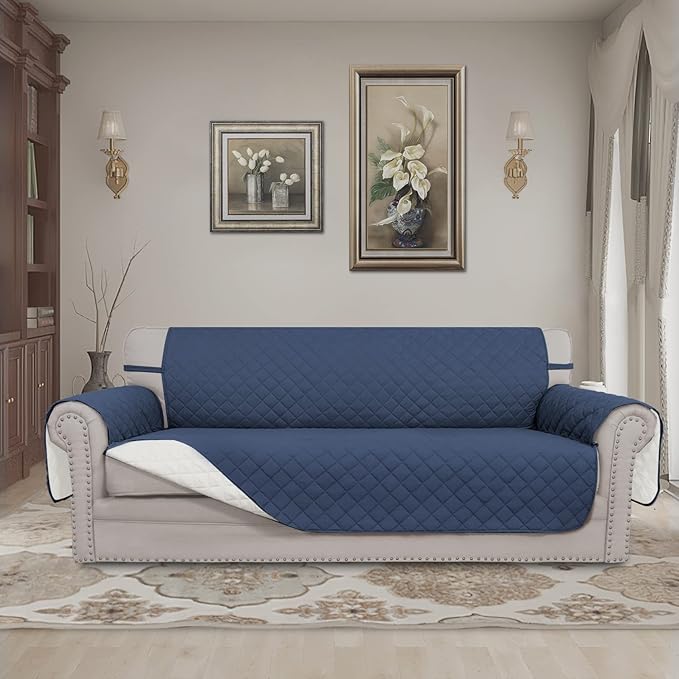 Easy-Going Reversible Couch Cover for 3 Cushion Couch Sofa Cover for Dogs Water Resistant Furniture Protector Cover with Foam Sticks Elastic Straps for Pet Cat (Sofa, Dark Blue/Ivory)