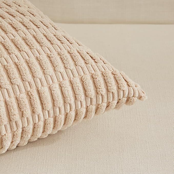 Fancy Homi 4 Packs Neutral Euro Decorative Throw Pillow Covers 26x26 Inch for Living Room Couch Bed Sofa, Rustic Farmhouse Boho Home Decor, Soft Plush Striped Corduroy Square Cushion Case 66x66 cm