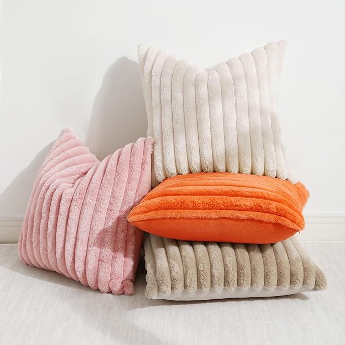 decorUhome Summer Cozy Faux Fur Throw Pillow Covers 22x22 Set of 2 Decorative Soft Plush Striped Modern Farmhouse Boho Couch Euro Sham Pillow Cases with Velvet Back for Sofa Bed Living Room, Beige