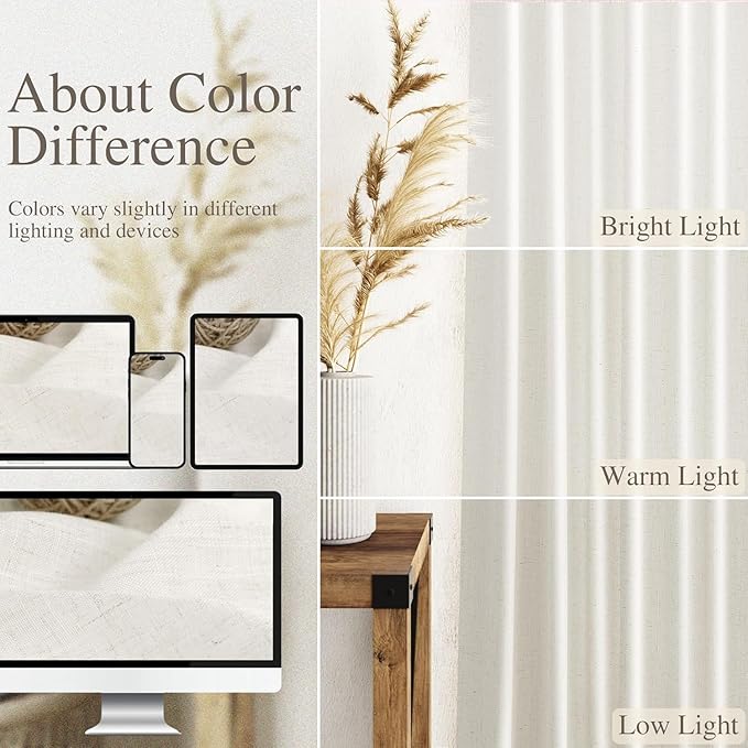 Nanspring Beige White Linen Curtains 84 Inch Length for Living Room Linen Blend Back Tab and Rod Pocket Semi Sheer Light Filtering Rustic Coastal Decor Curtains for Bedroom 60 x 84 Inch, 2 Panels