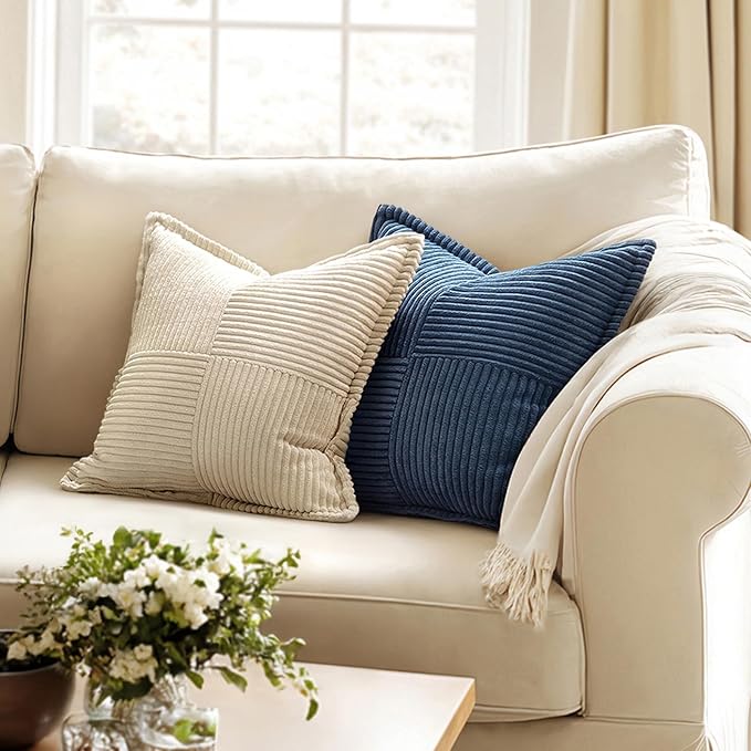 MIULEE Decorative Throw Pillow Covers for Couch Bed Livingroom 18x18 Inch Set of 2 Blue Boho Accent Throw Pllows Broadside Striped Patchwork Soft Corduroy Spring Coastal Pillowcases