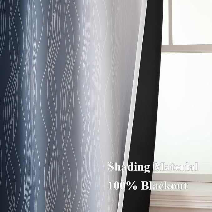Estelar Textiler Full Room Darkening Greyish White and Navy Blue Blackout Curtains 45 Inch Length 2 Panels Set,Ombre Thermal Insulated Full Light Blocking Grommet Blackout Drapes for Kitchen,52Wx45L