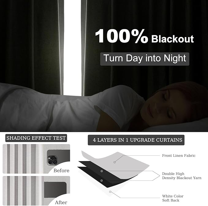 Topfinel 84 Inch Longth 40 Inch Wide 100% Blackout Linen Curtains 2 Panels Set for Bedroom Back Tab Rod Pocket Pleated Thermal Insulated Energy Efficient Grey Beige (40" W x 84" L 2 Panels)