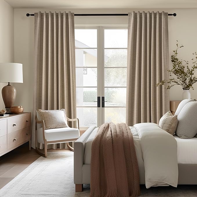Topfinel 105 Inches Long Custom Black Out Faux Thick Linen Drapery Panels, Taupe Chocolate Brown Reflective Neurtral Curtains with Pin Hooks, Luxury Lined Back Tab Drapes Set of 2