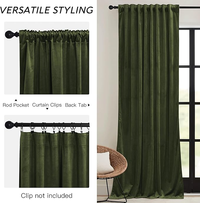 RYB HOME Olive Green Velvet Curtains with Hook Tape, Thermal Insulated Privacy Protect Decorative Drapes for Home Theater, W 62 x L 84 inches, 2 Panels Set