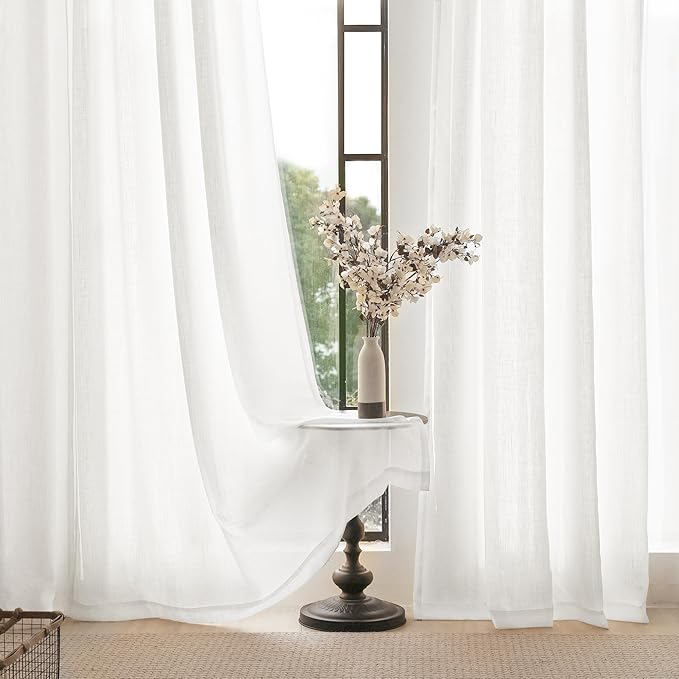 White Curtains 100 inches Long 2 Panels Back Tab Light Filtering Cotton Textured Curtain Modern Farmhouse Coastal Decor Off White Linen Drapes 100 inch Length for Patio Sliding Door Office Bedroom