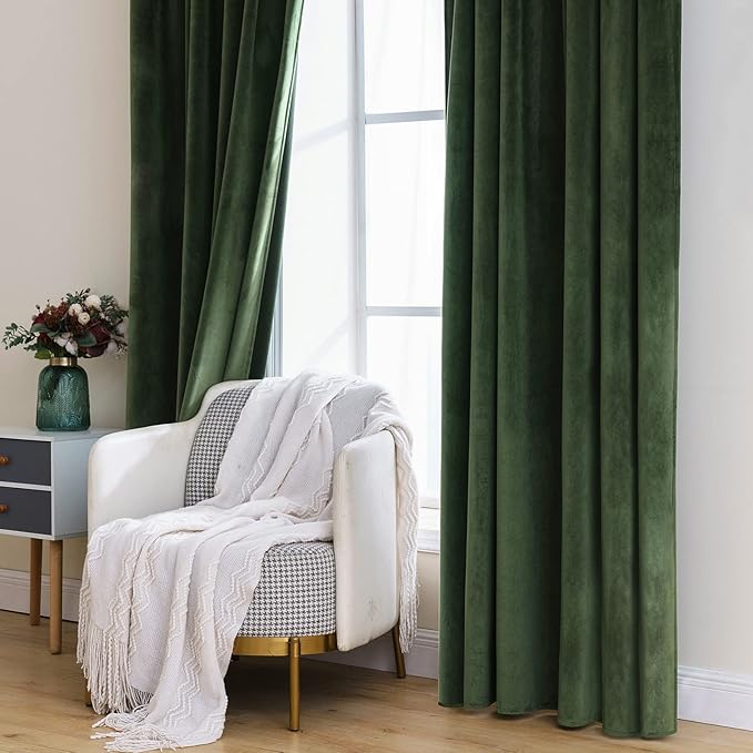 MIULEE Velvet Curtains 105 inches - Luxury Blackout Curtains for Bedroom Living Room Thermal Insulated Super Soft Window Drapes Rod Pocket & Back Tab, Olive Green, W52 x L105 inches, 2 Panels