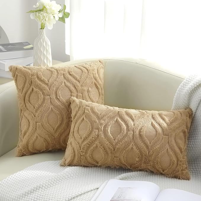 decorUhome Throw Pillow Covers 12x20 Inch Set of 2, Soft Plush Faux Wool Khaki Solid Couch Pillow Covers, Accent Farmhouse Neutral Rectangle Pillow Cases for Sofa Bed Living Room