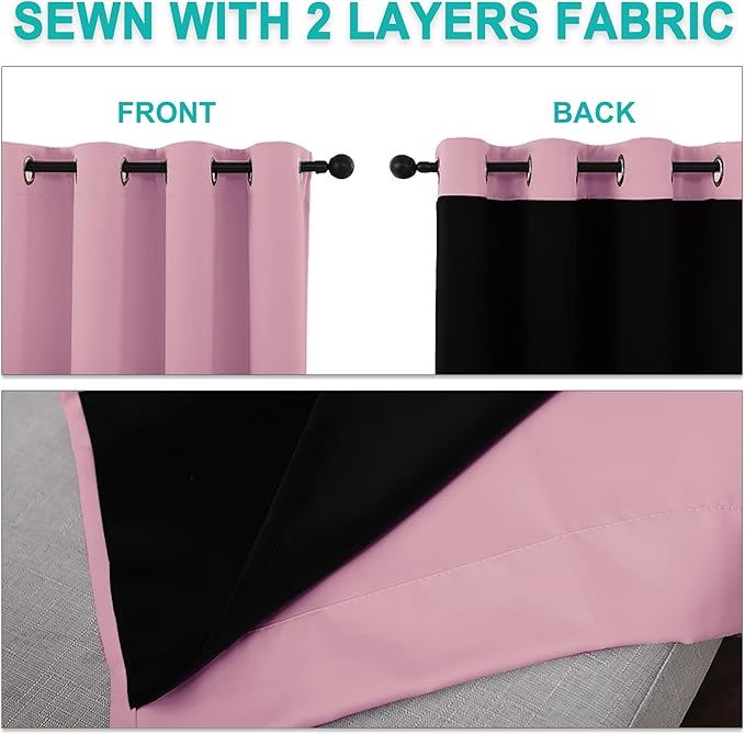NICETOWN Total Shade Curtains and Draperies, Heavy-Duty Full Light Shading Drapes with Black Liner Backing for Villa/Hall/Dorm Window（Crystal Pink, Package of 2 Panels, 62 inches Wide x 95 inches Long