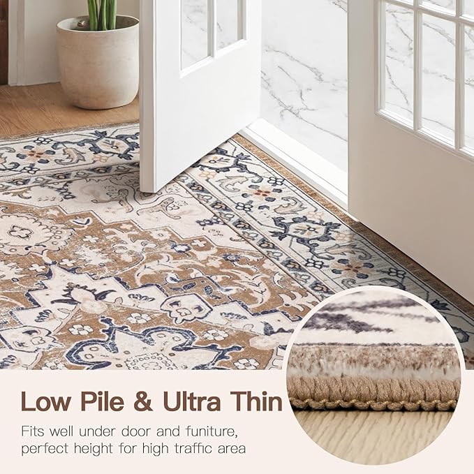 Lofus 2'6"x14' Runner Rug for Hallways, Washable Kitchen Rugs, Non-Slip Rugs for Entryway and Bedroom, Vintage Boho Carpet, Soft Low Pile Long Runner Area Rug, Floral Brown