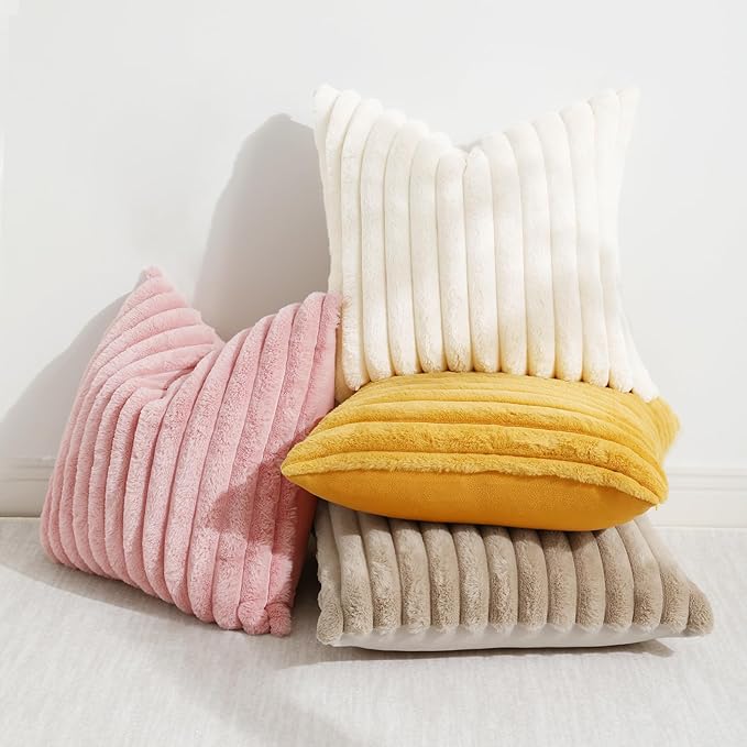 decorUhome Summer Cozy Faux Fur Throw Pillow Covers 24x24 Set of 2 Decorative Soft Plush Striped Modern Farmhouse Boho Couch Euro Sham Pillow Cases with Velvet Back for Sofa Bed Living Room, Pink