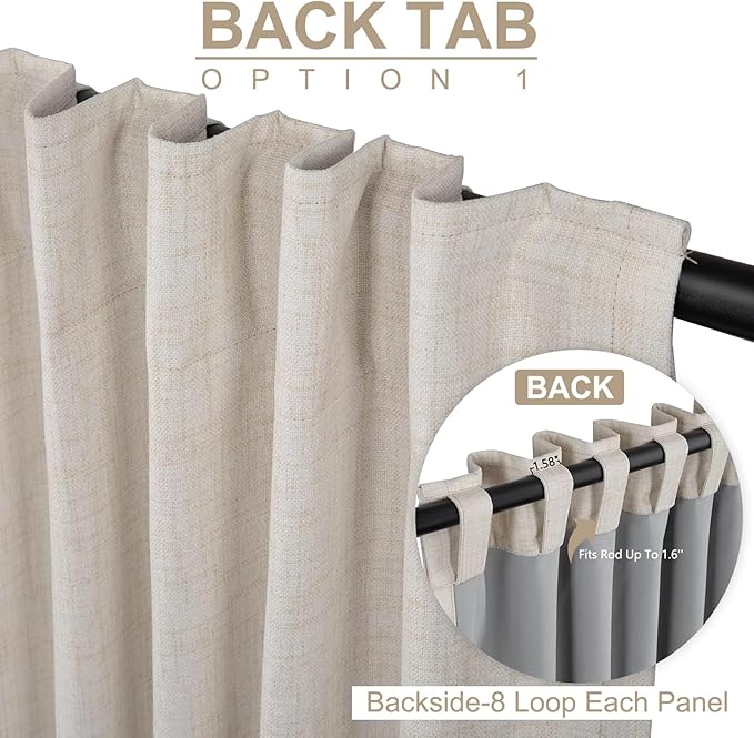 100% Blackout Shield Linen Blackout Curtains for Bedroom 120 Inches Long, Back Tab/Rod Pocket Living Room Drapes, Thermal Insulated Blackout Curtains 2 Panels Set, 50" W x 120" L,Cream