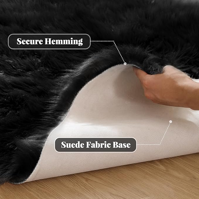 ORINOVA Washable Faux Fluffy Fur Round Area 6.6ft Rugs for Living Room Black Large Furry Rug for Bedroom Boho Circle Nursery Rug Teen Room Décor