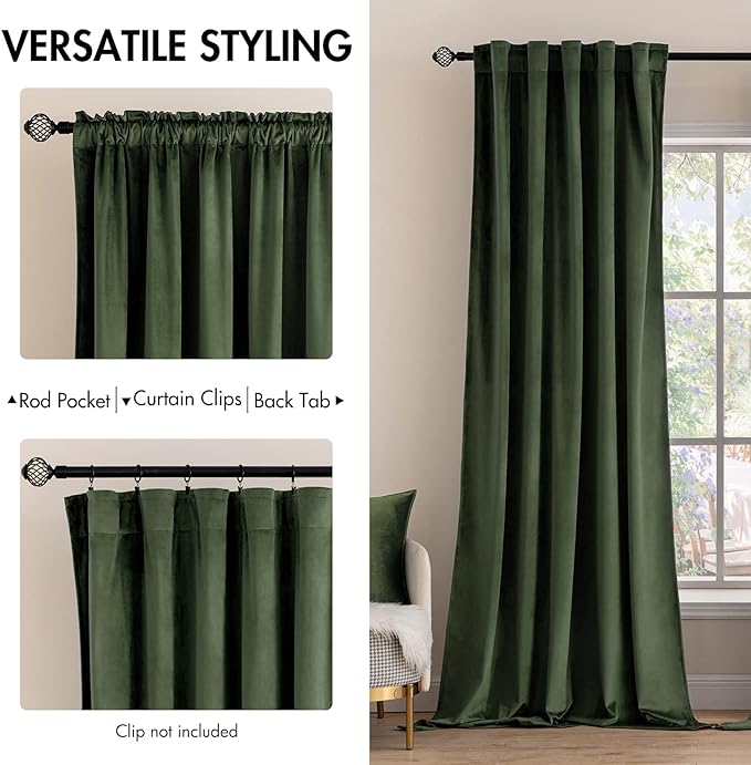 MIULEE Velvet Curtains 2 Panels Luxury Blackout Curtains for Bedroom Living Room Thermal Insulated Super Soft Window Drapes Rod Pocket & Back Tab, Olive Green, W52 x L72 inches