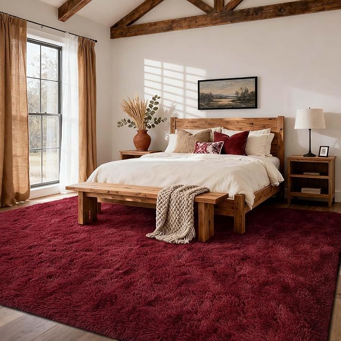 Area Rugs for Living Room, 6x9 Feet Soft Fluffy Shagg Plush Rug High Pile Large Indoor Modern Non-Slip Floor Carpet for Bedroom Nursery Girls Kids Home Room Dorm Decor Aesthetic Burgundy