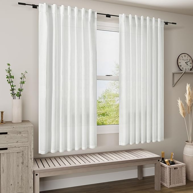 Nanspring White Linen Curtains for Bedroom Back Tab Light Filtering Privacy Sheer Curtains 68 Inches Long 2 Panels Set Modern Farmhouse Decor Linen Textured Gauze Curtain for Bathroom 52x68