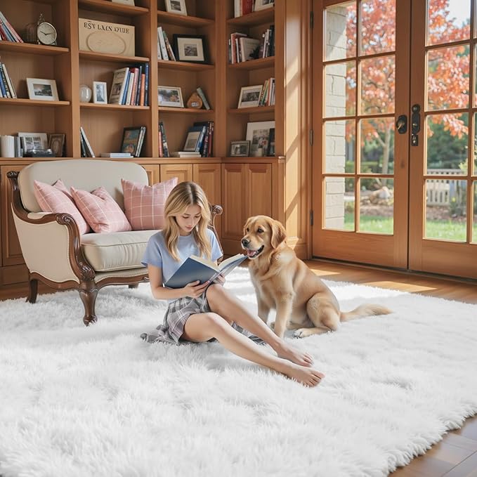 3x5 Rug, Bedside Preppy Dorm Area Rug, College Essentials Small Carpets for Bedroom, Anti Slip Fluffy White Living Room Rugs Home Decor Aesthetic(3 x 5, White)