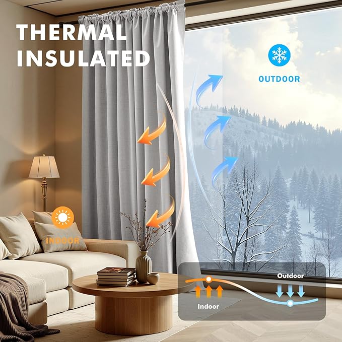 MIULEE 100% Blackout Linen Curtains for Bedroom, Greyish White Solid Luxury Decor Thermal Insulation Room Darkening Drapes for Living Room Nursery Back Tab Rod Pocket 42 x 96 Inches, 2 Panels