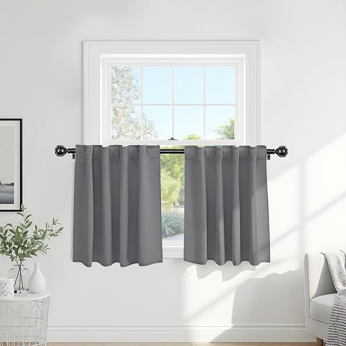PONY DANCE Bathroom Window Curtains - Back Tab & Rod Pocket Drapes Window Treatments Privacy Protect/Blackout Curtain Panels for Kitchen, 42" W by 30" L, Silver Grey, 2 Pieces