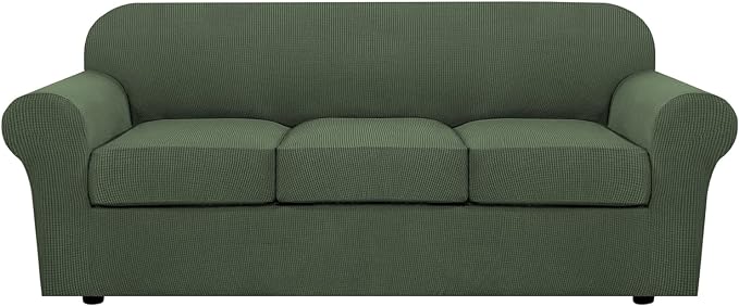 H.VERSAILTEX 4 Piece Stretch Sofa Covers for 3 Cushion Couch Covers for Living Room Furniture Slipcovers (Base Cover Plus 3 Seat Cushion Covers) Upgraded Thicker Jacquard Fabric (Sofa, Bronze Green)