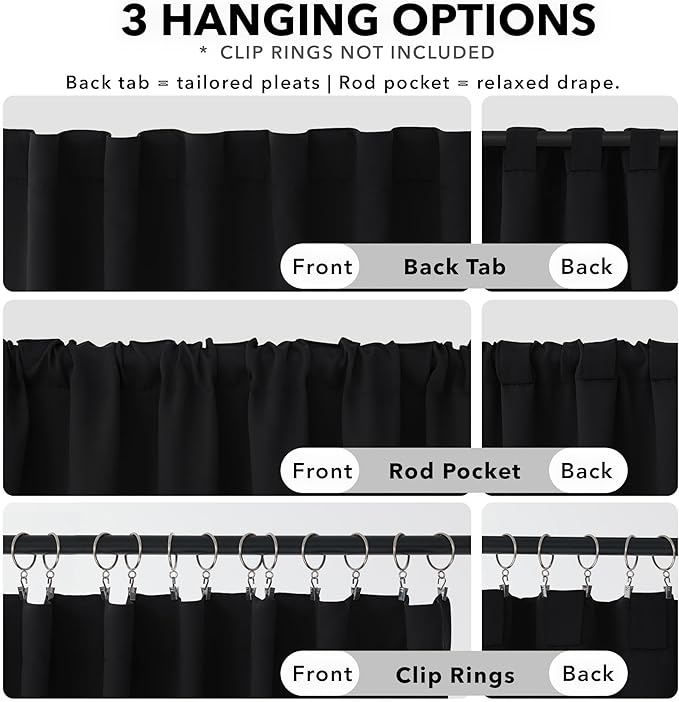 Deconovo Blackout Curtains, Thermal Insulated, W70 x L63 2 Panels, Back Tab, Machine Washable, Room-Darkening Drapes for Bedroom/Living Room Black