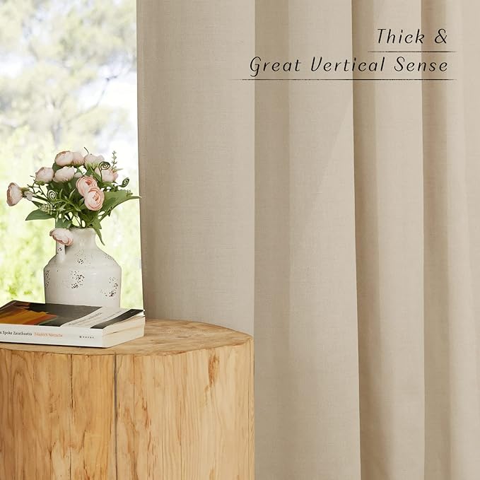 NICETOWN Thick Linen Blend Curtains Flax Textured for Bedroom, Rustic Grommet Semi Sheer Privacy Added Window Curtains & Drapes Light Filtering for Nursery, Angora, W42 x L63, Set of 2