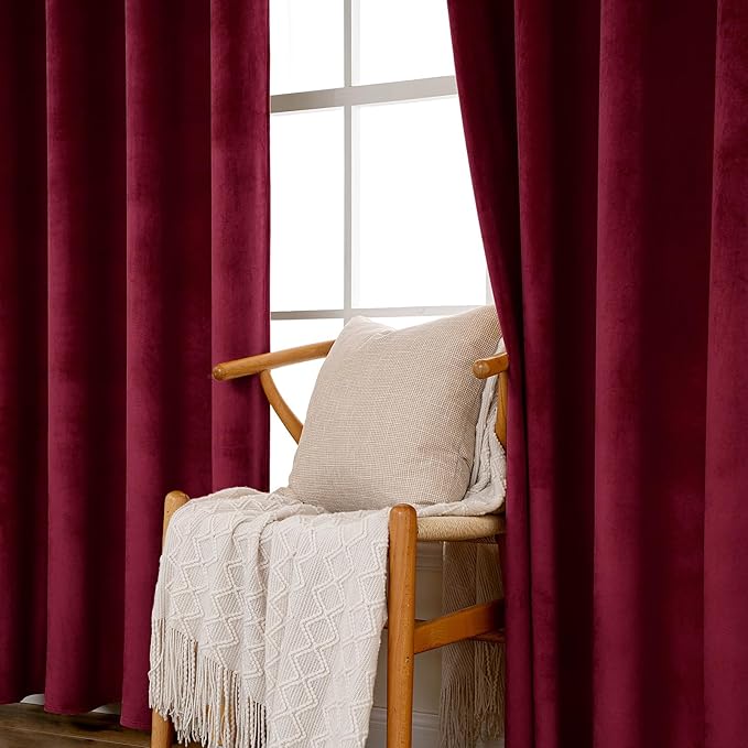 MIULEE Christmas Burgundy Velvet Curtains Solid Soft Red Blackout Curtains Grommet Thermal Soundproof Room Darkening Long Black Out Drapes for Living Room Bedroom 52 x 96 Inch Length 2 Panels