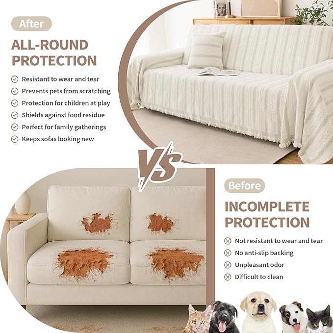 Boho Sofa Covers for 2 Cushion Couch, Chenille Sofa Slipcover for Pets Washable, L-Shape Sectional Loveseat Cover Soft Throw Blankets with Tassels(71x102,Striped Beige)