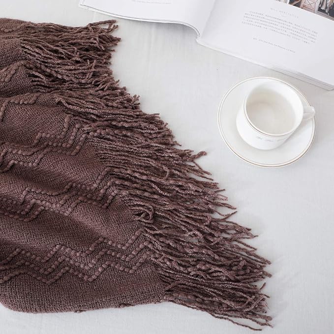BOURINA Brown Throw Blanket 50x60 Inches Throw Textured Solid Soft Sofa Couch Decorative Knit Blanket