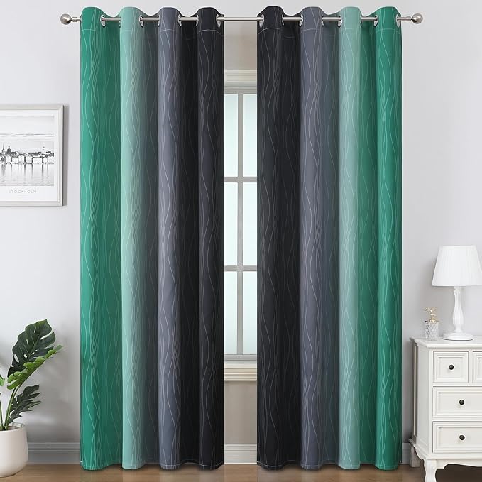 Estelar Textiler Black and Green Ombre Blackout Curtains 84 Inch Length 2 Panels Set for Living Room, Energy Saving Thermal Insulated Light Blocking Grommet Window Drapes for Bedroom,52Wx84L,2 Panels