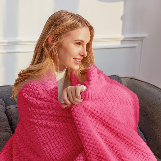 Whale Flotilla Queen Size Fuzzy Fleece Blanket for Bed, 90x90 Inch Fluffy Warm Soft Jacquard Blankets for All Season, Lightweight and Cozy, Hot Pink