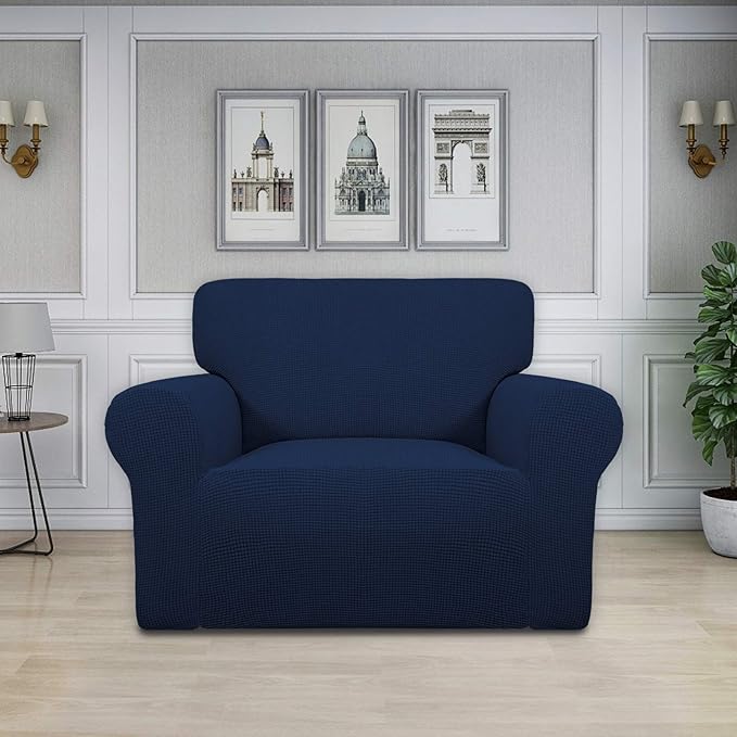 Easy-Going Stretch Oversized Chair Sofa Slipcover 1-Piece Couch Sofa Cover Furniture Protector Soft with Elastic Bottom for Kids Spandex Jacquard Fabric Small Checks Navy