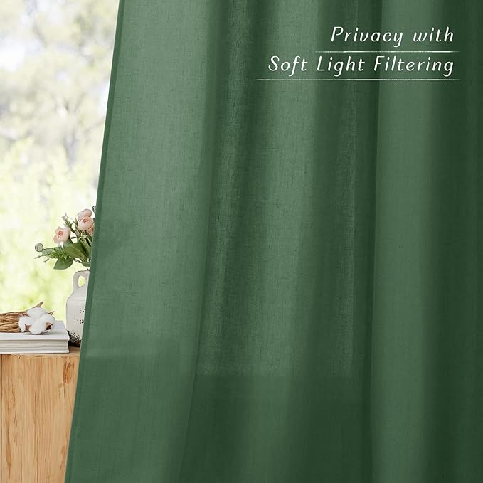 NICETOWN Olive Green Linen Doorway Curtains 80 inches Long, Grommet Thick Linen Weave Semi Sheer Window Treatments Privacy Assured with Light Filtering for Bedroom/Side Door, W34 x L80