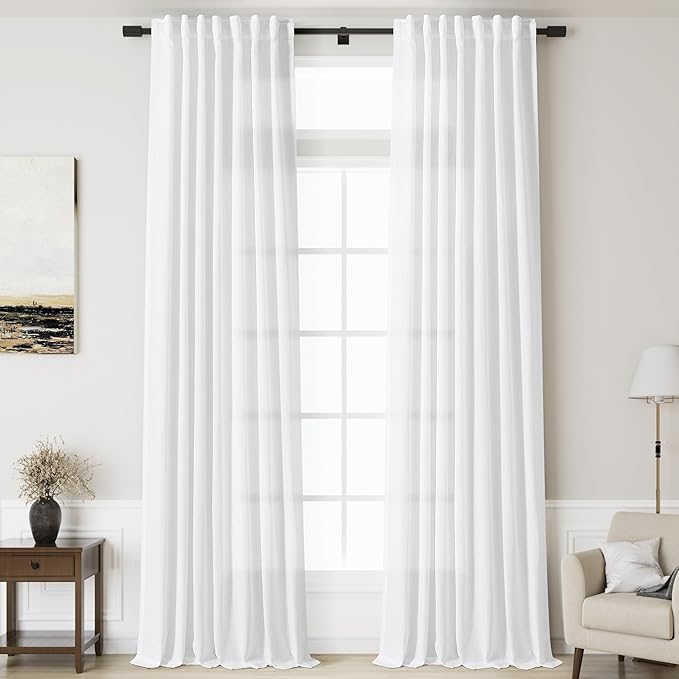Nanspring White Linen Extra Long Curtains 121 Inches Long 2 Panels Set Back Tab Curtains for Living Room Farmhouse Light Filtering Semi Sheer Linen Drapes Ceiling to Floor for Large Window 52x121