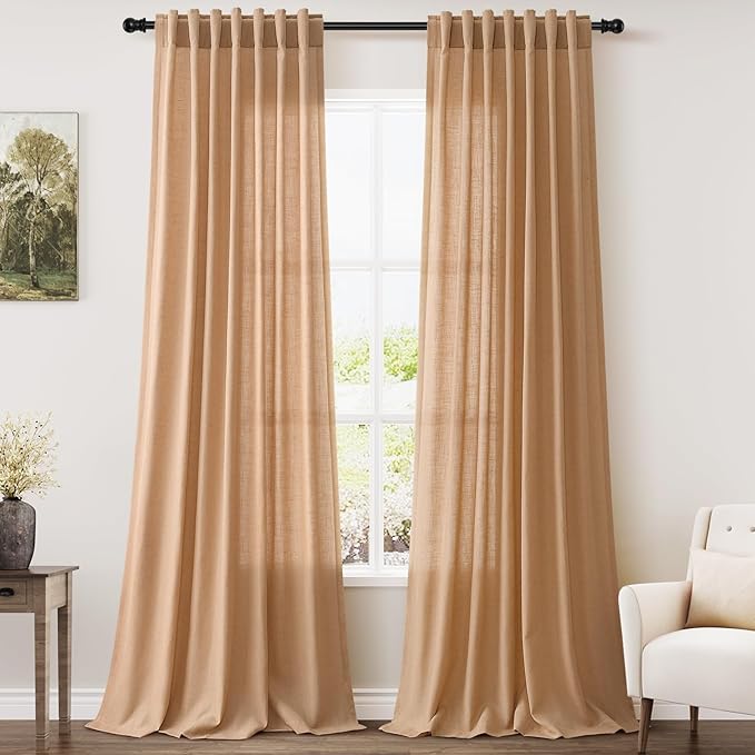 Extra Long Camel Linen Curtains 2 Panels 102 Inches Long for Living Room Back Tab Rod Pocket Light Filtering Semi Sheer Drapes Soft Cotton Textured Window Curtain 102 Inch Length for Bedroom.