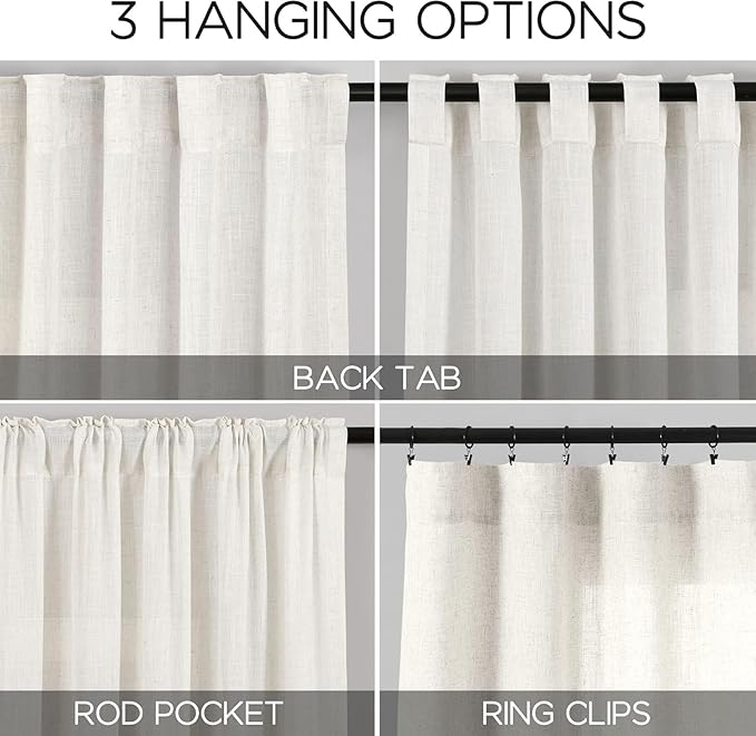 Nanspring Beige White Linen Curtains 36 Inch Length for Kitchen Window Cafe Curtain Privacy Semi Sheer Front Door Small Window Curtain Back Tab Rod Pocket for Bathroom Basement 26 X 36, 2 Panels
