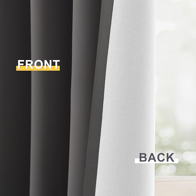 Yakamok 100% Blackout Curtain Panels 63 inches Cold and Light Blocking Drapes for Nursery, 2 Thick Layers Thermal Insulated Draperies (2 Pieces, 50 Wide Each Panel, Charcoal Grey/White Backing)