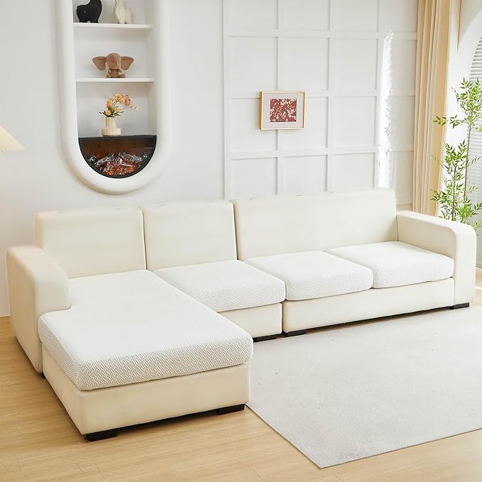 Sofa Covers Couch Covers for Sofa Pet Friendly Couch Cushion Covers Universal Sofa Covers Washable Stretch Slipcovers for Sectional Sofa (Texture Ivory White, 2 Seats + Chaise Cover)