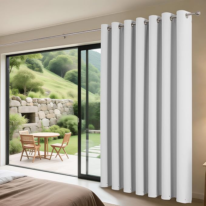 Joydeco Blackout Patio Sliding Door Curtains 96 Inches Long, Grommet Privacy Room Divider Curtains, Extra Wide Thermal Blackout Drapes for Bedroom Living Room (Greyish White, 80Wx96L, 1 Panel)