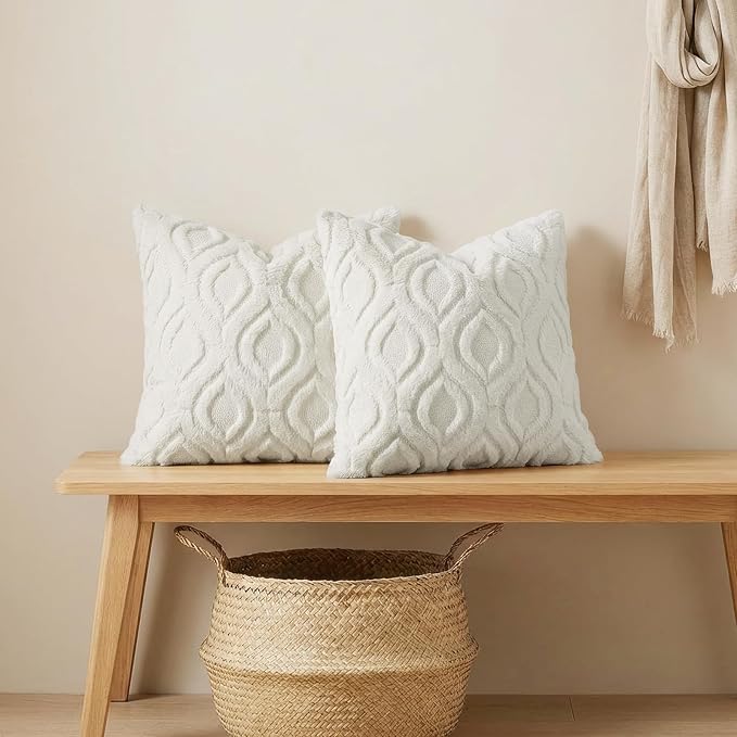 decorUhome Throw Pillow Covers 12x20 Inch Set of 2, Soft Plush Faux Wool Cream White Solid Couch Pillow Covers, Accent Farmhouse Neutral Rectangle Pillow Cases for Sofa Bed Living Room