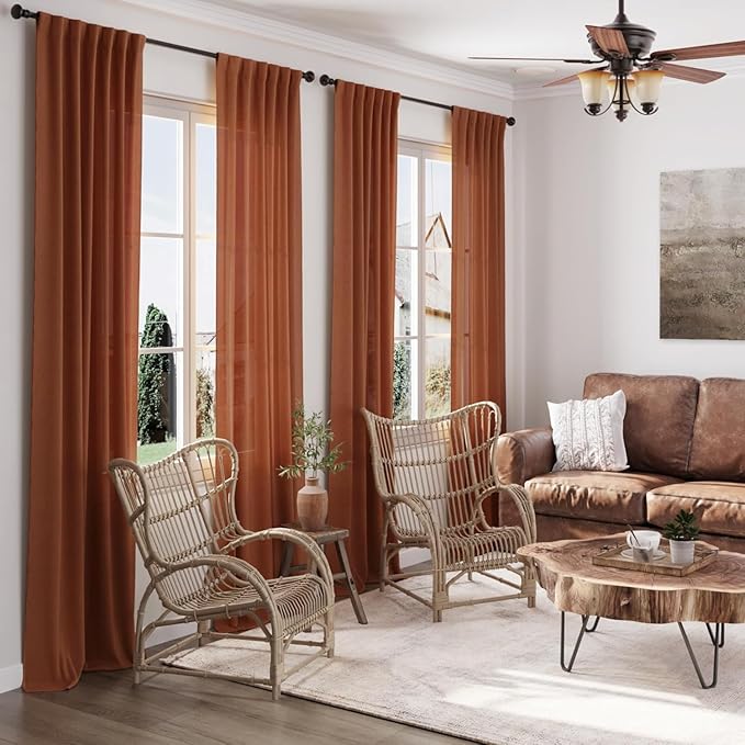 Nanspring Extra Long Linen Curtains 108 Inches Long 2 Panel Set Back Tab Terracotta Boho Rustic Farmhouse Curtain for Living Room Semi Sheer Floor to Ceiling High Window for Bedroom Office 60x108